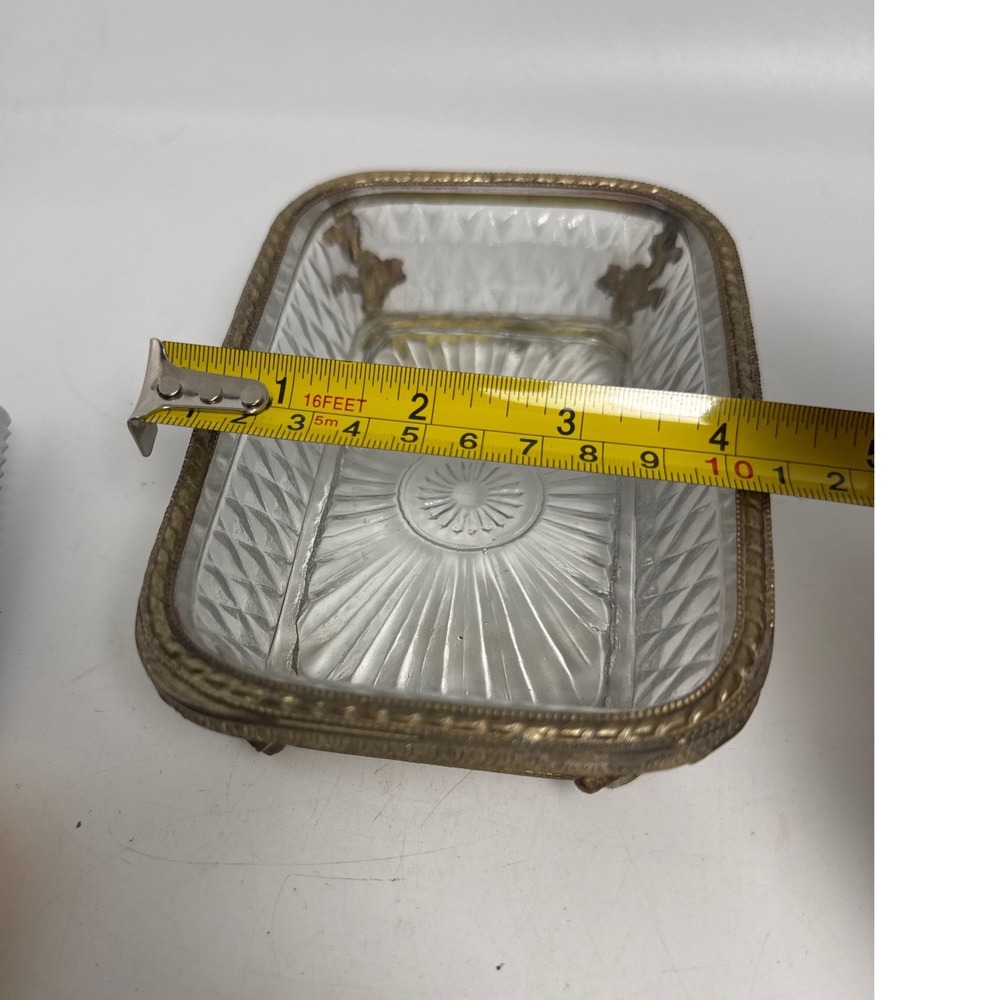 Vintage Crystal Glass Trinket Dish Brass Filigree Frame Gold Rectangular Good 5" - Picture 8 of 11
